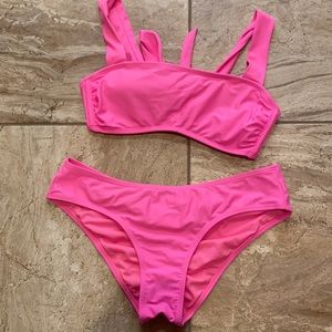 Hot pink two piece bikini swimsuit with tie in back